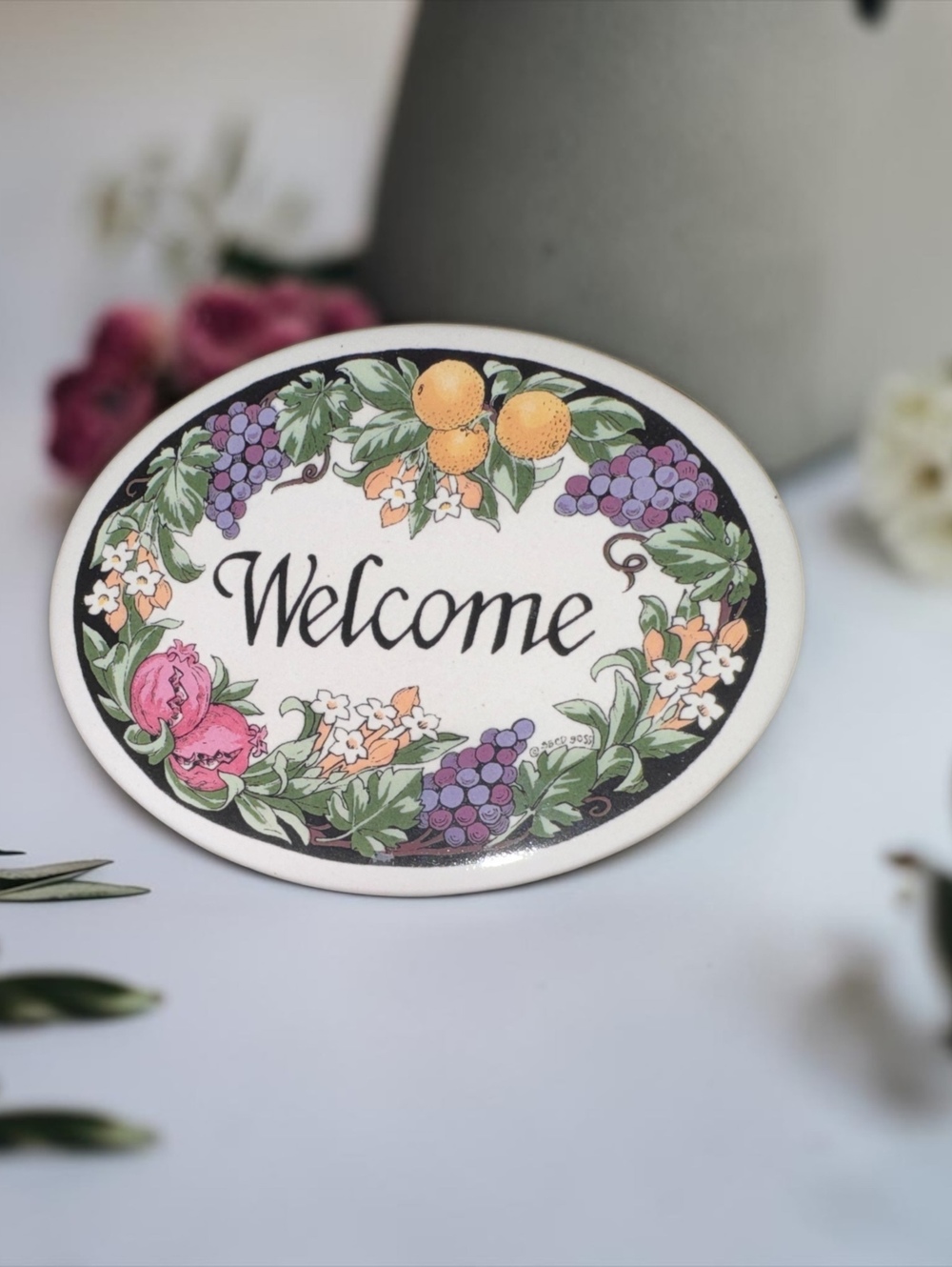 Vintage 1999 Santa Barbara Ceramic Design Welcome Plaque Fruit Floral Wall Decor